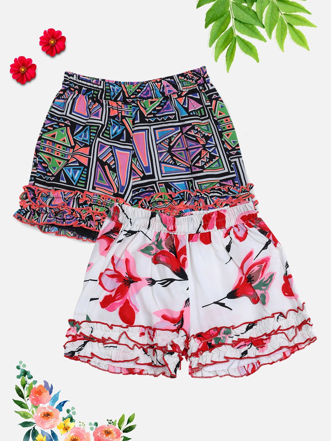 

Cutiekins Girls Multicoloured & White Set Of 2 Floral Printed Shorts, Multi