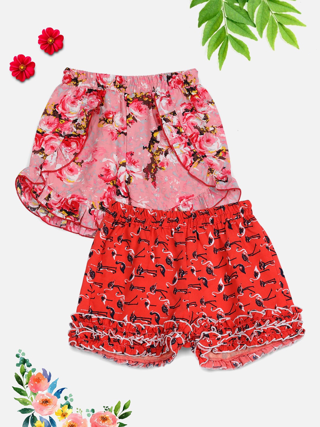 Cutiekins Girls Pink & Red Set Of 2 Floral Printed Shorts