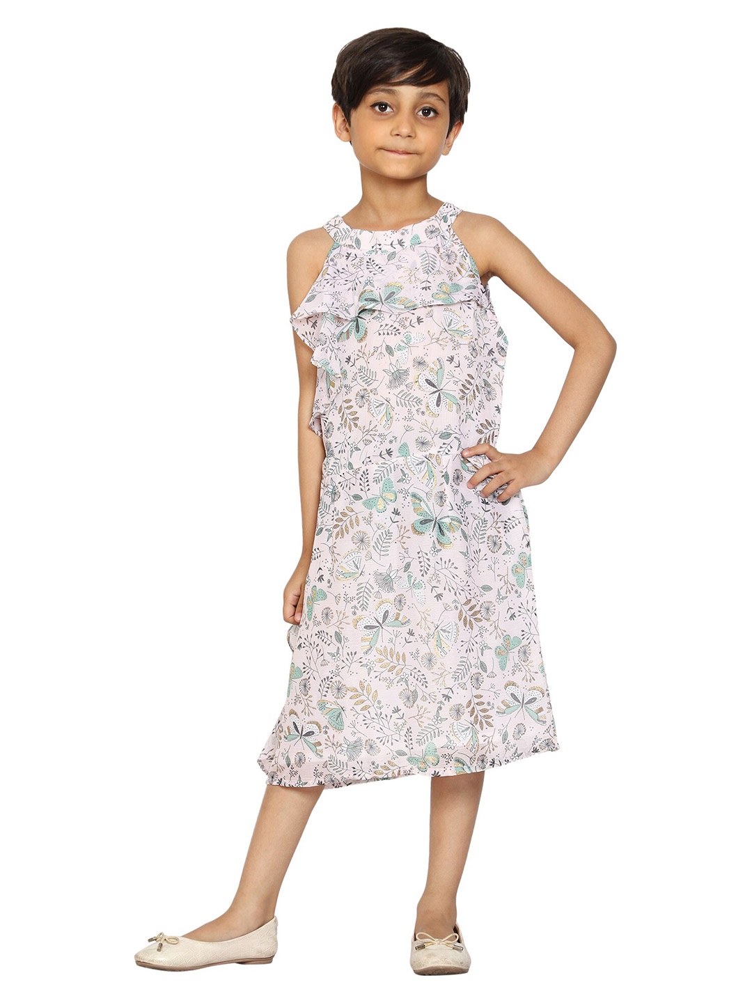 

KiddoPanti Girls Pink Floral Georgette A-Line Midi Dress