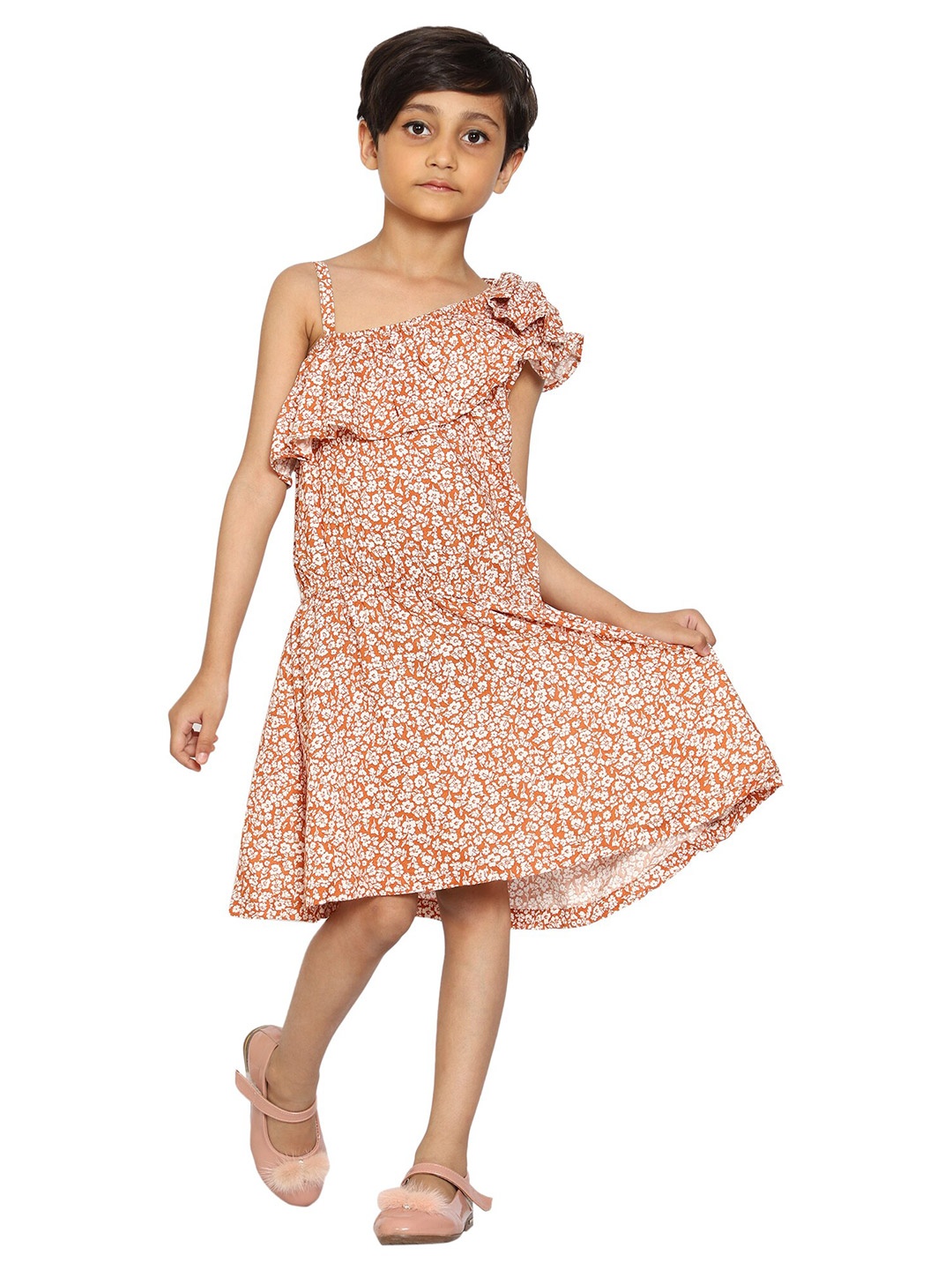 

KiddoPanti Girls Peach-Coloured Floral One Shoulder Dress