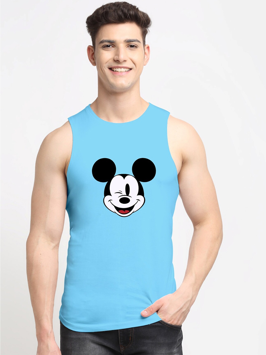 

Friskers Men Turquoise Blue Mickey Mouse Print Pure Cotton Innerwear Vests