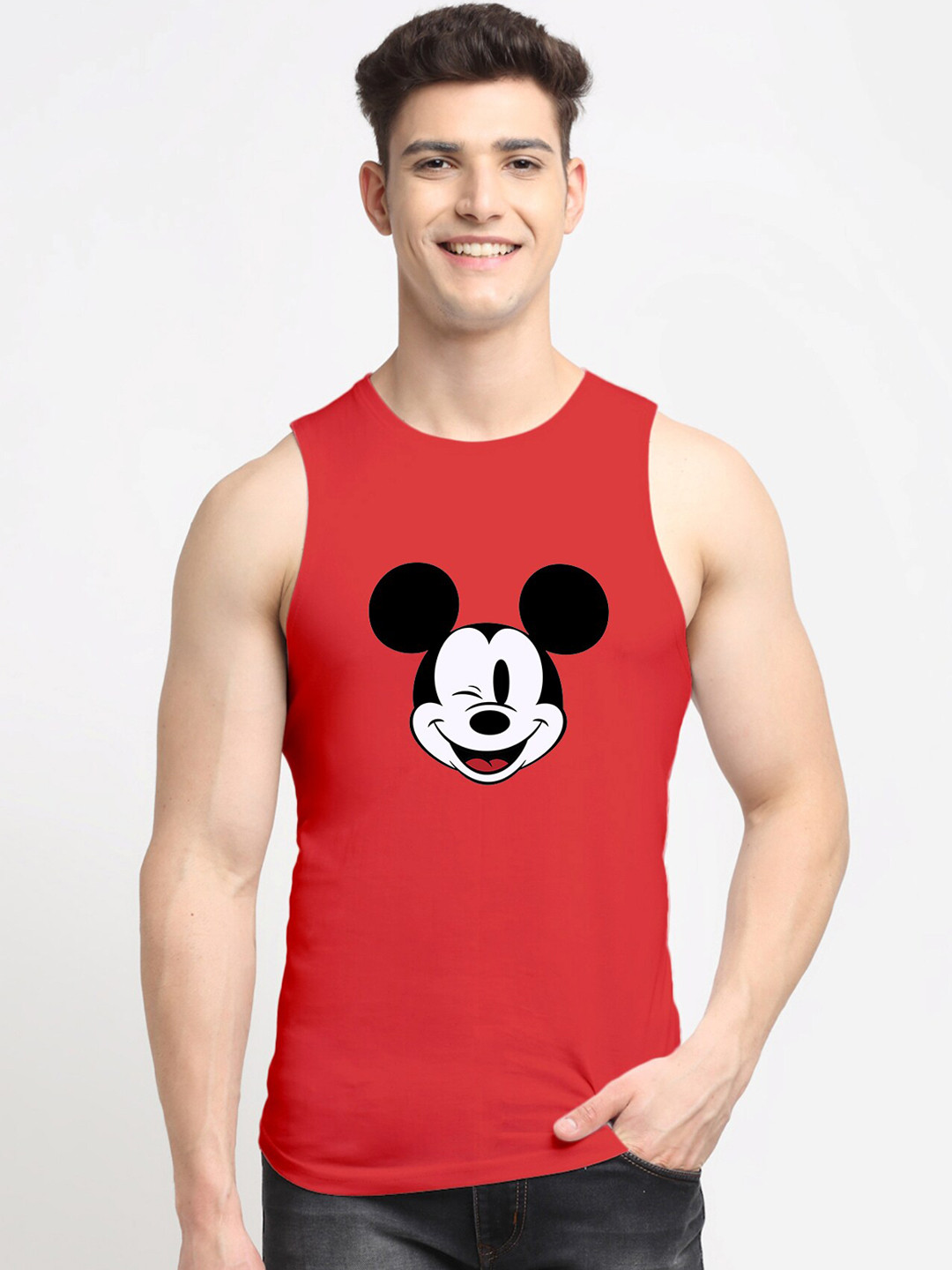 

Friskers Men's Red & White Micky Mouse Printed Pure Cotton Outerwear Vest