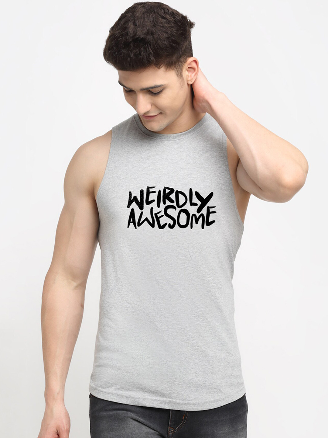 

Friskers Men Grey Printed Cotton Innerwear Gym Vests