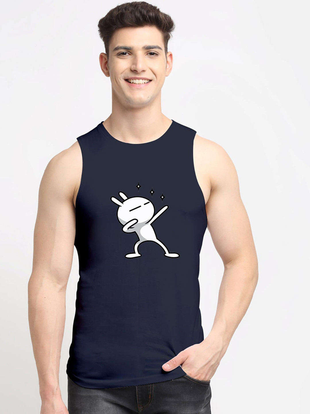

Friskers Men Navy Blue & White Printed Pure Cotton Gym Vest