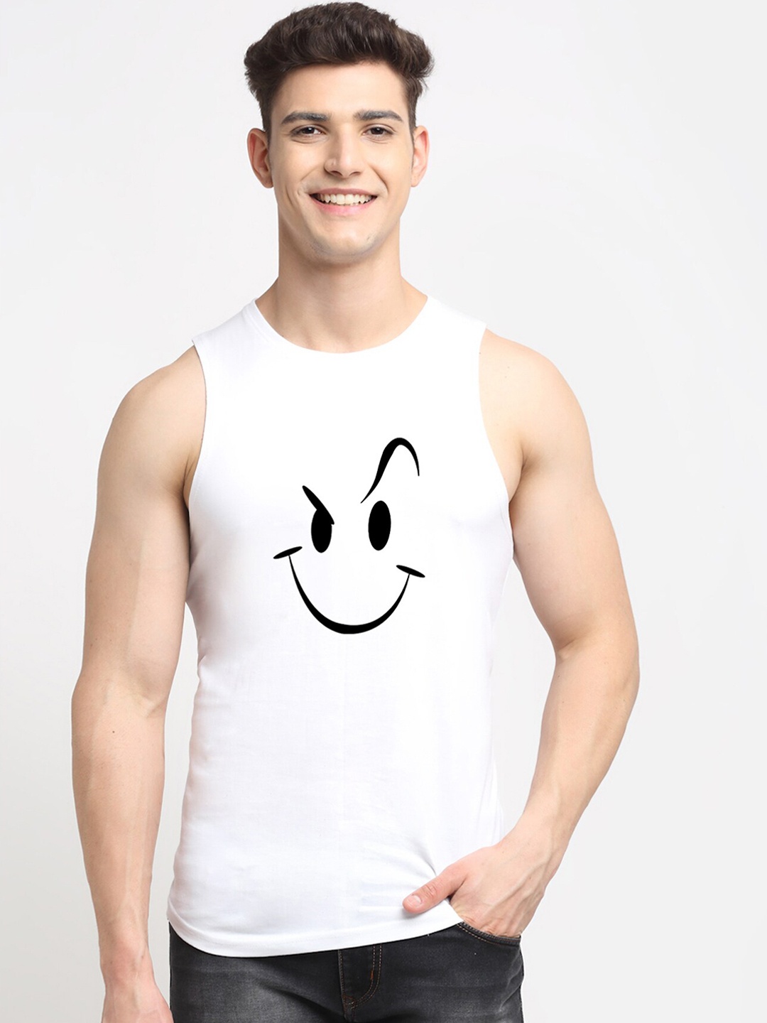 

Friskers Men White Printed Pure Cotton Gym Vests