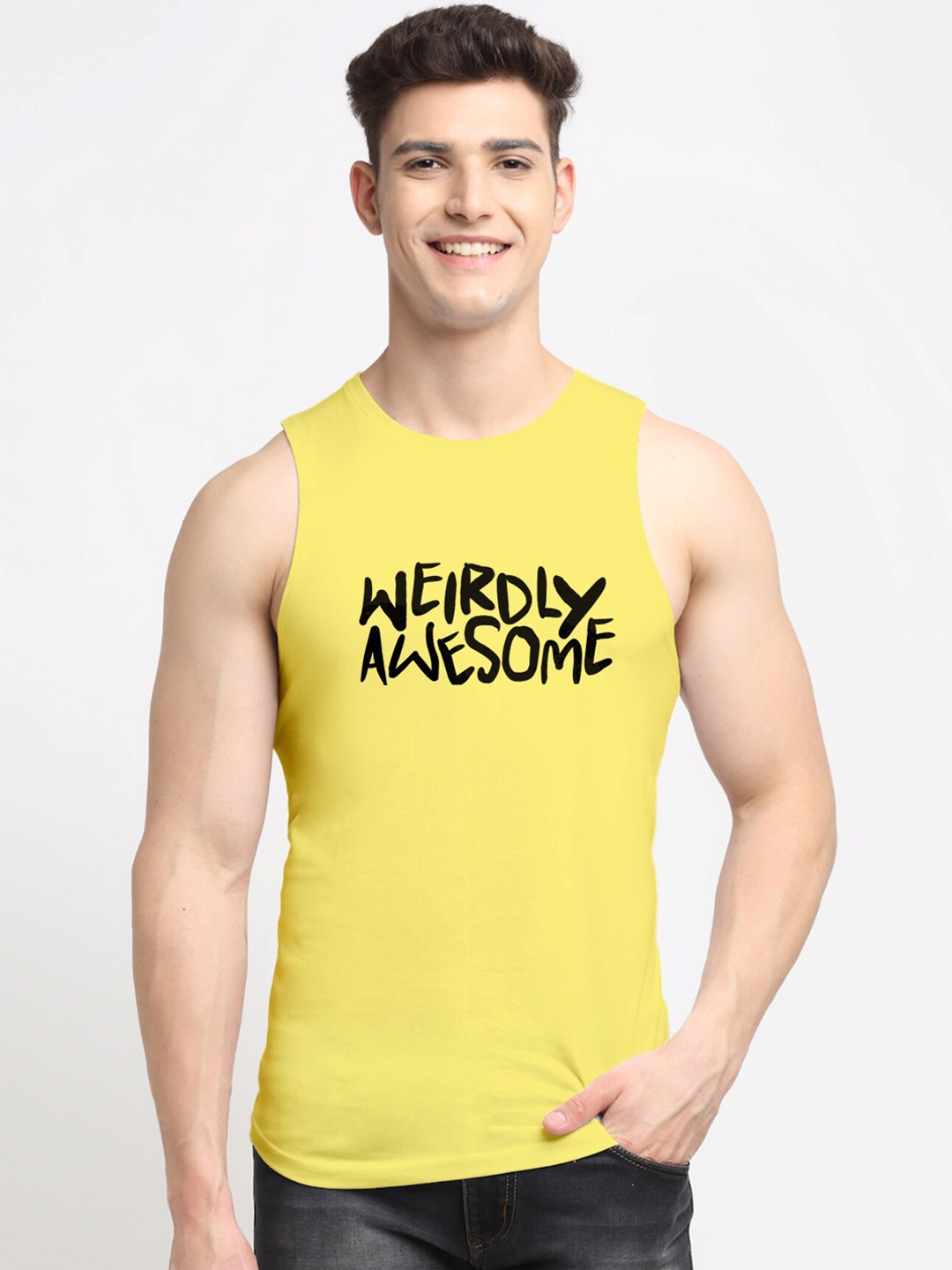 

Friskers Men Yellow & Black Printed Pure Cotton Gym Vest