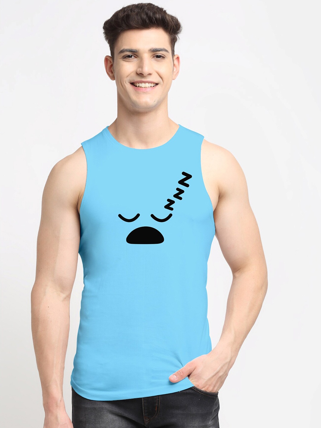 

Friskers Men Turquoise Blue Printed Cotton Innerwear Gym Vests