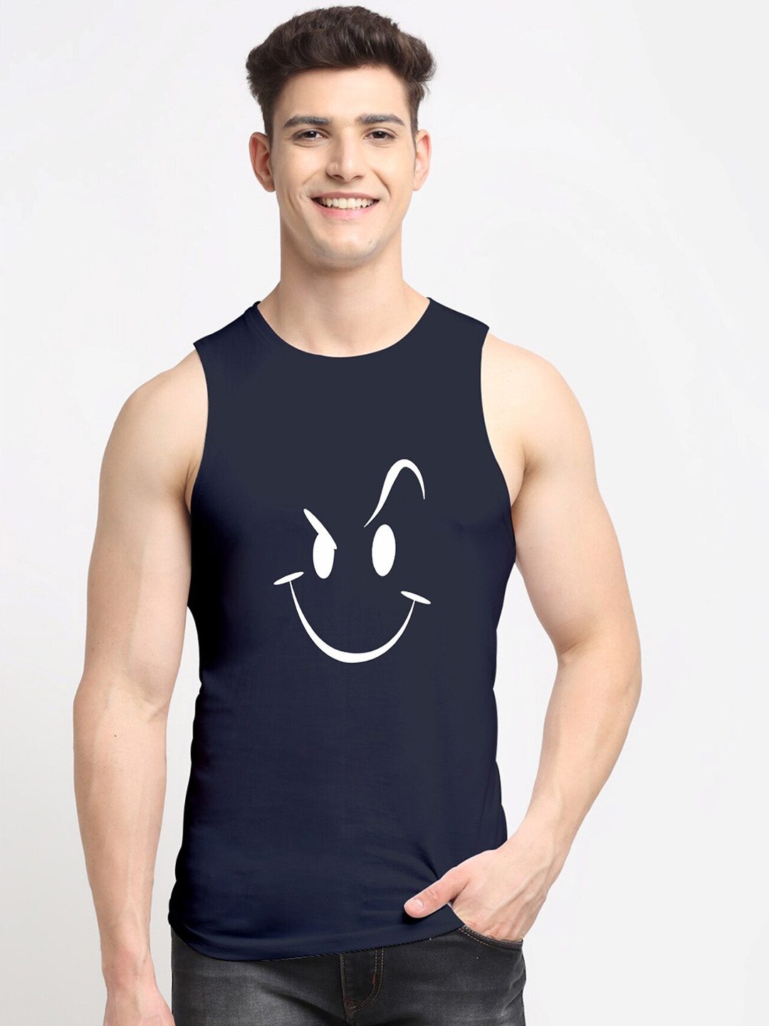 

Friskers Men's Navy Blue Printed Pure Cotton Innerwear Vests
