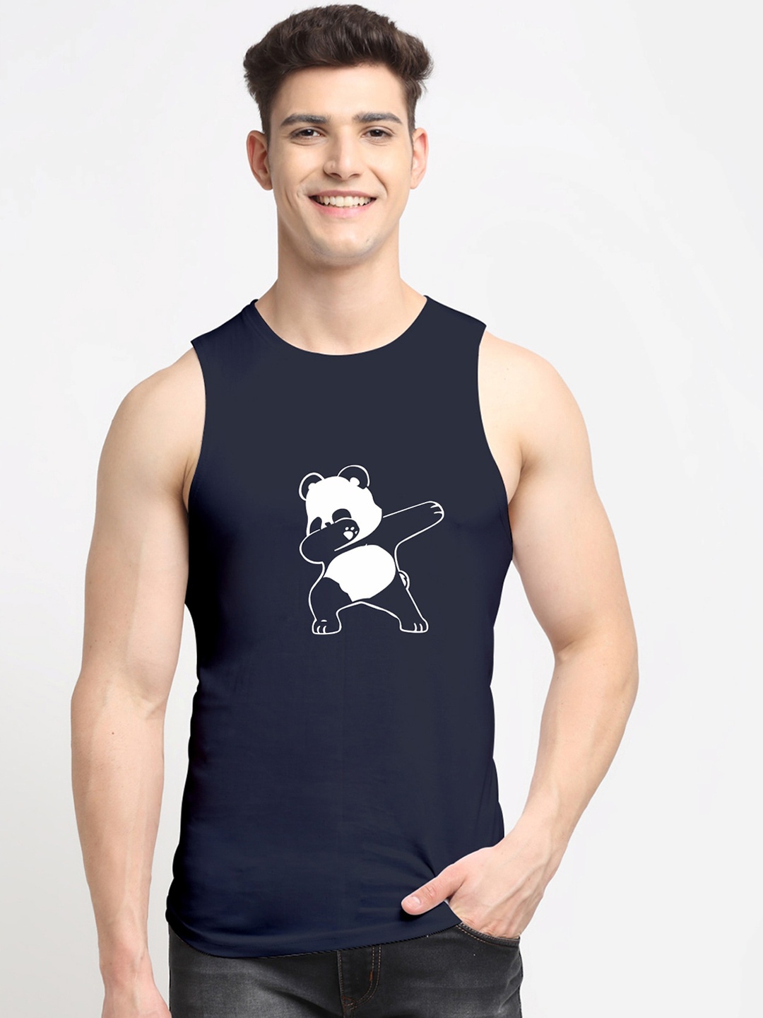 

Friskers Men Navy Blue & White Printed Pure Cotton Gym Vest