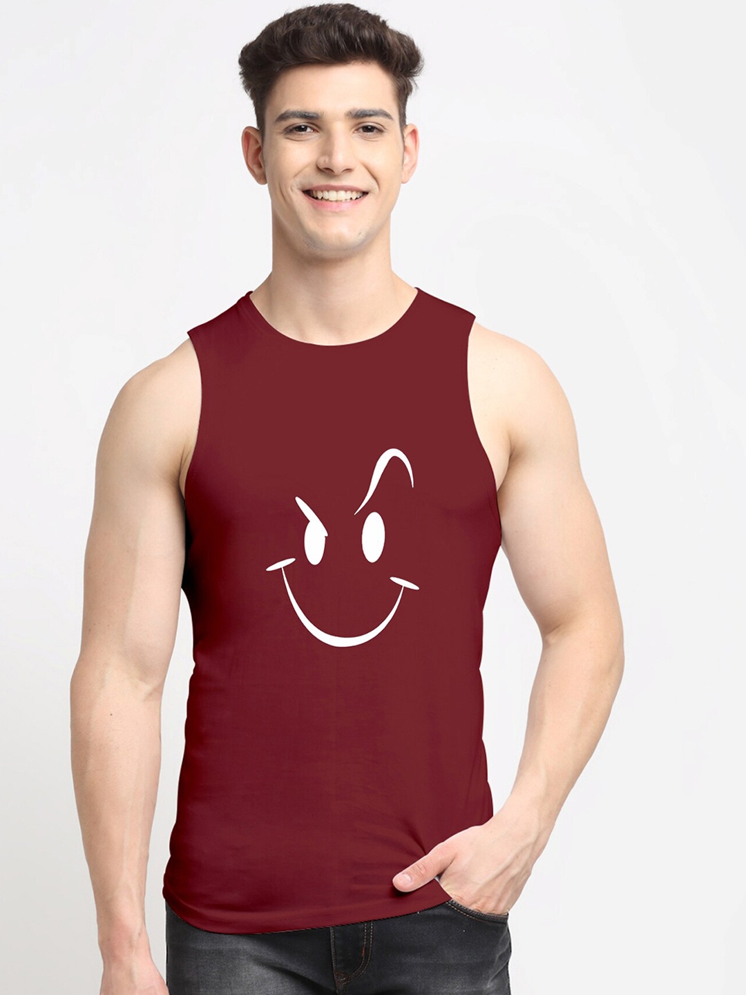 

Friskers Men Maroon Smily White Printed Solid Cotton Innerwear Vests