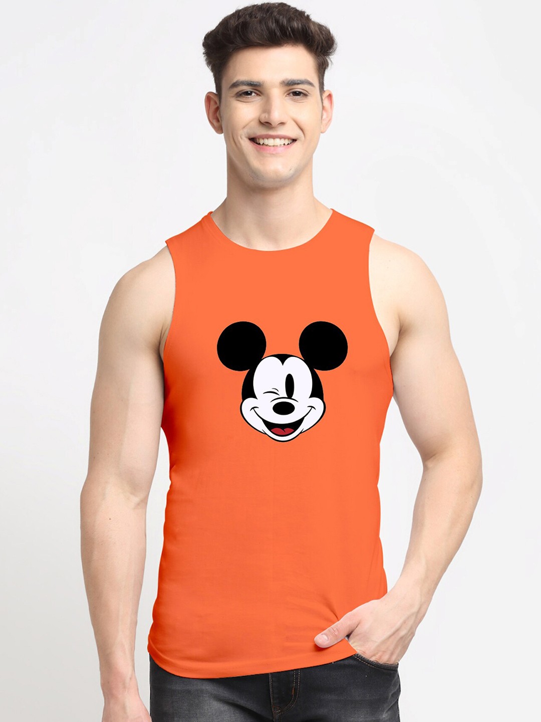

Friskers Men Orange Mickey Mouse Printed Pure Cotton Innerwear Vests