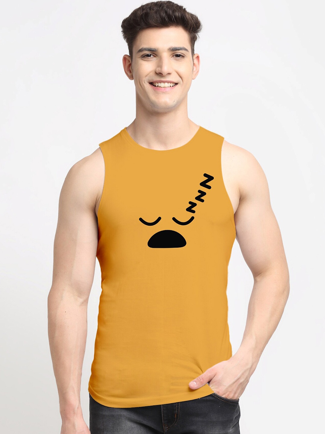 

Friskers Men Golden Printed Cotton Innerwear Vests, Gold