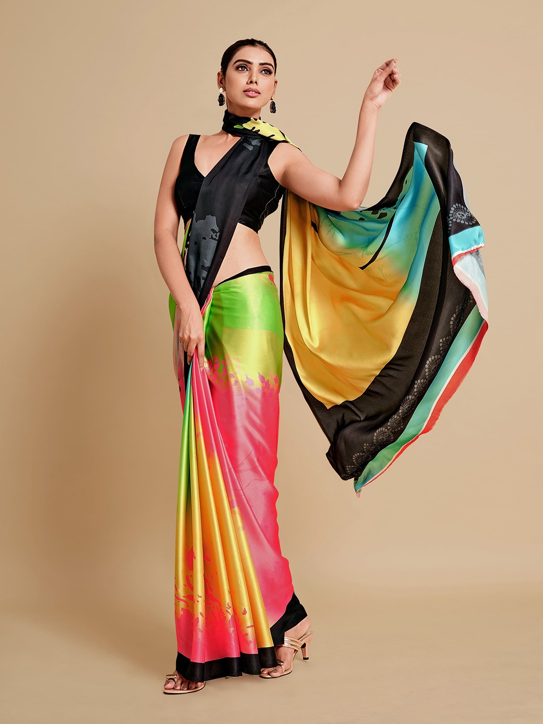 

Sangria Lime Green & Blue Satin Saree