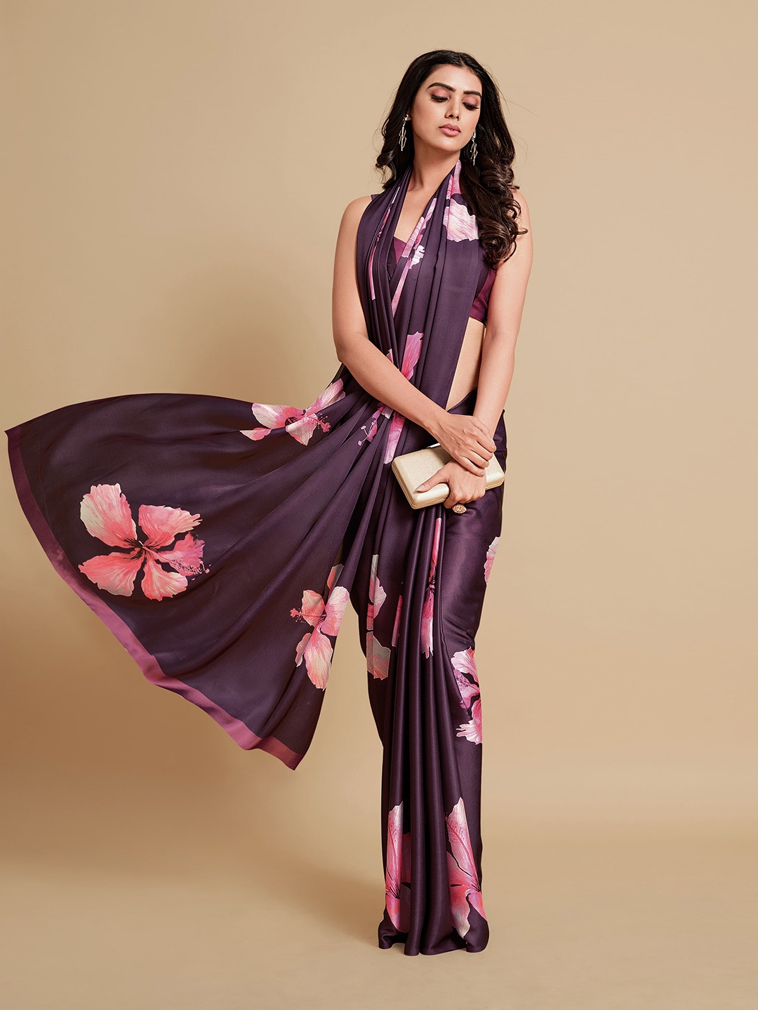 

Sangria Burgundy & Pink Floral Zari Satin Saree