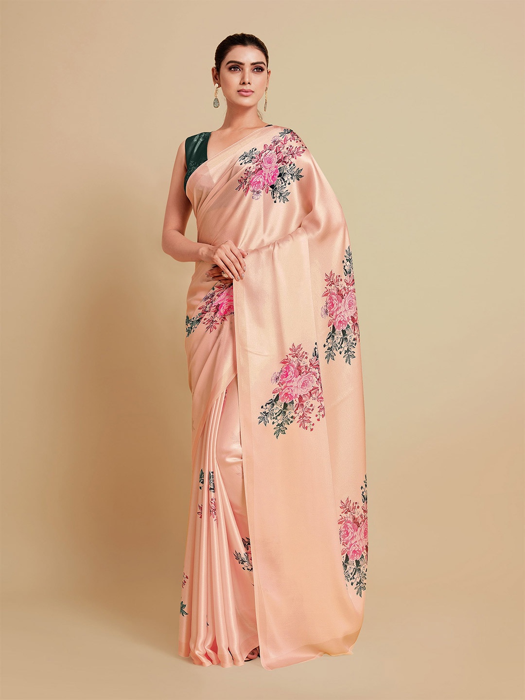 

Sangria Pink & Green Floral Zari Satin Saree