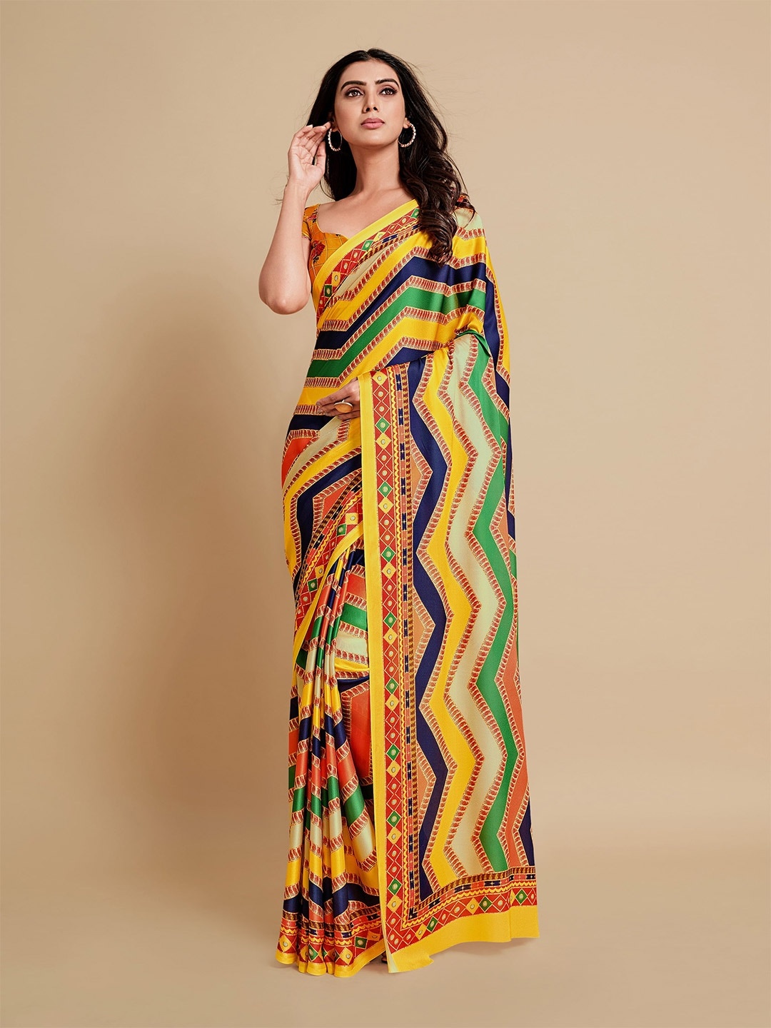 

Sangria Mustard Yellow & Blue Satin Saree