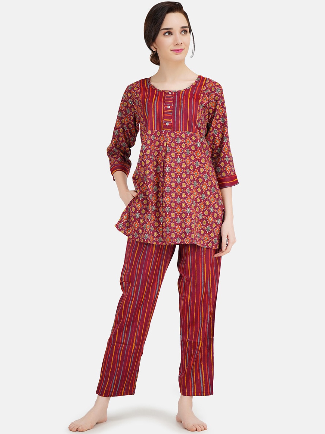 

KOI SLEEPWEAR Woman Maroon Kurti & Pant Printed Night suit