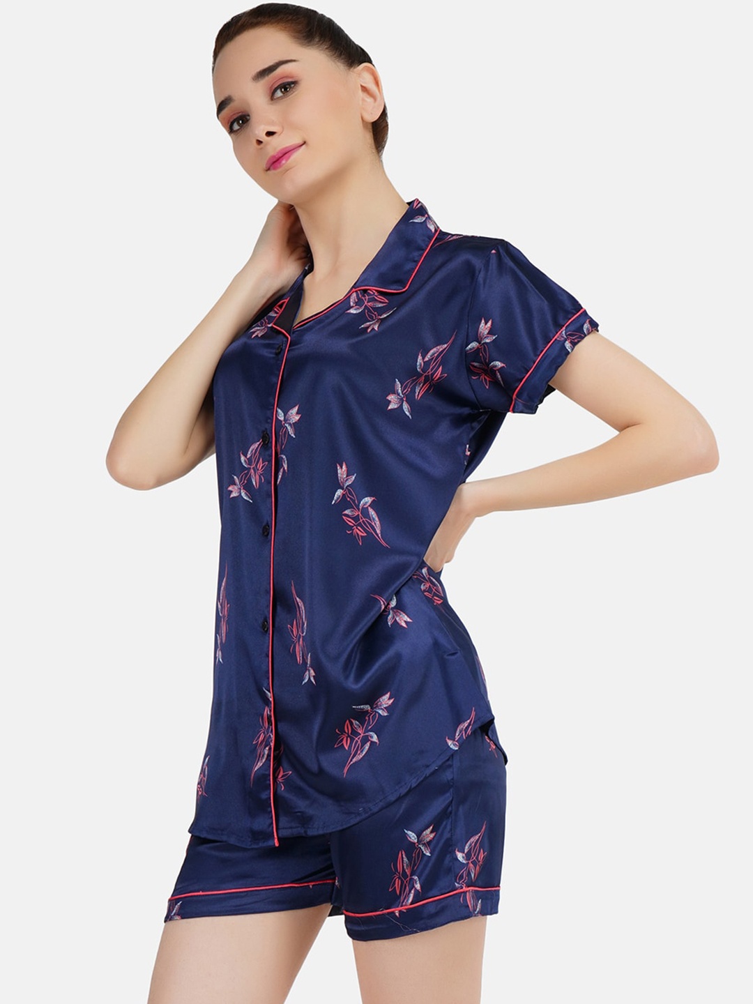 

KOI SLEEPWEAR Women Navy Blue Satin Short Nightsuit with Floral Print