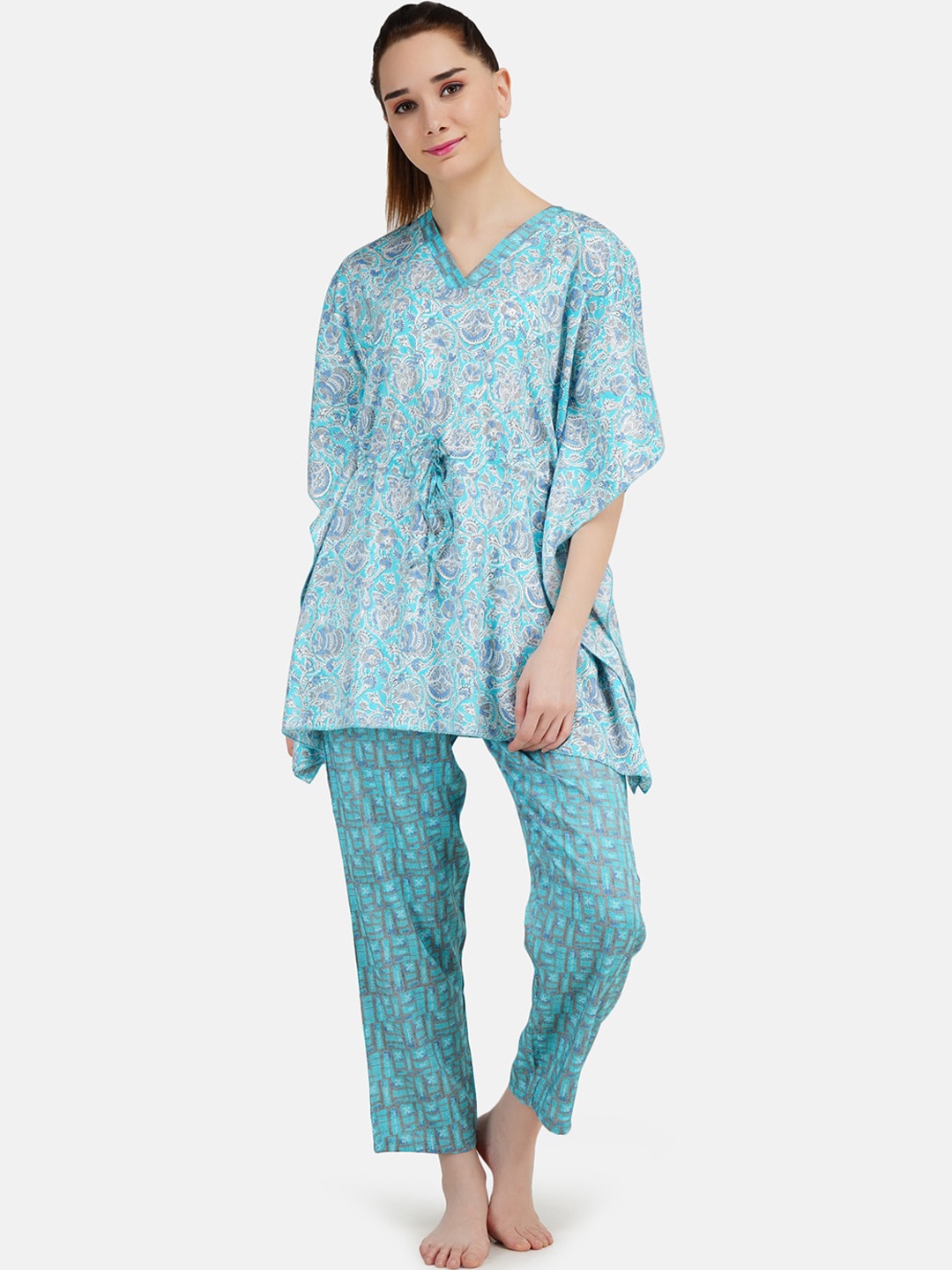 

KOI SLEEPWEAR Women Turquoise Blue Printed Comfort Fit Rayon Kaftan Night suit