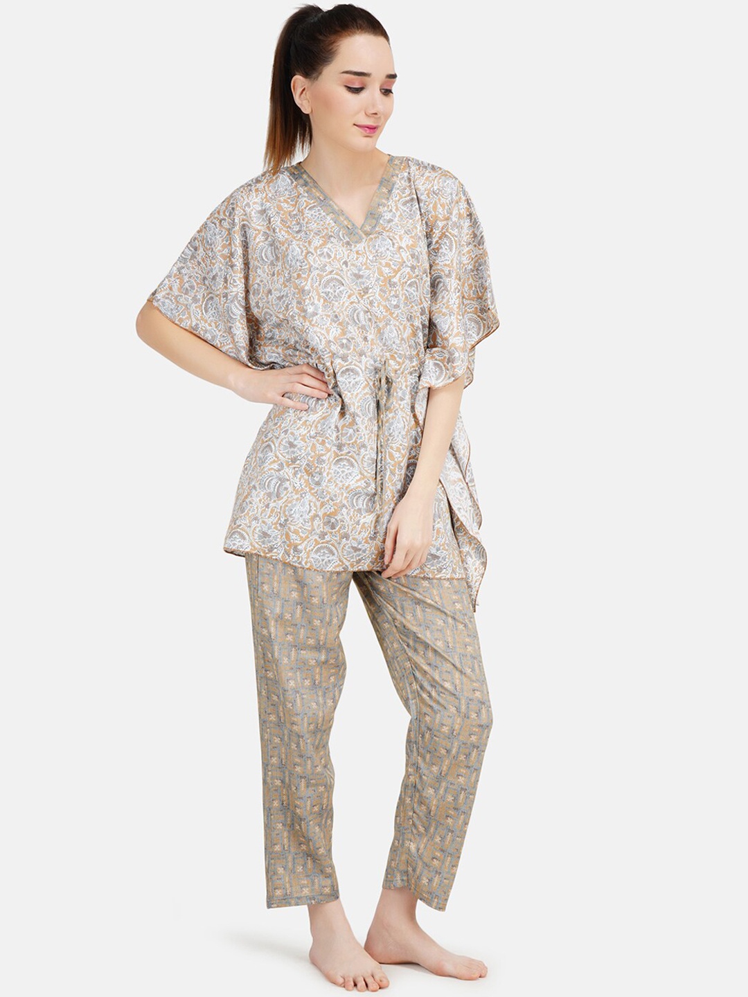 

KOI SLEEPWEAR Women Brown & Grey Printed Kaftan Night suit