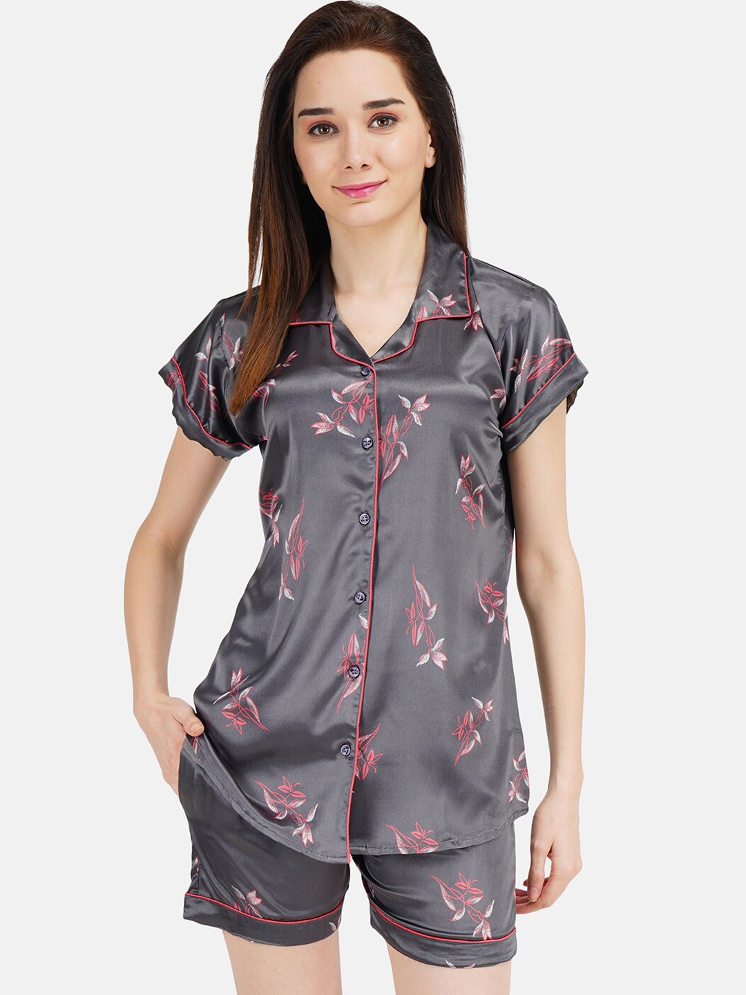 

KOI SLEEPWEAR Women Black & Peach-Coloured Floral Printed Satin Night suit