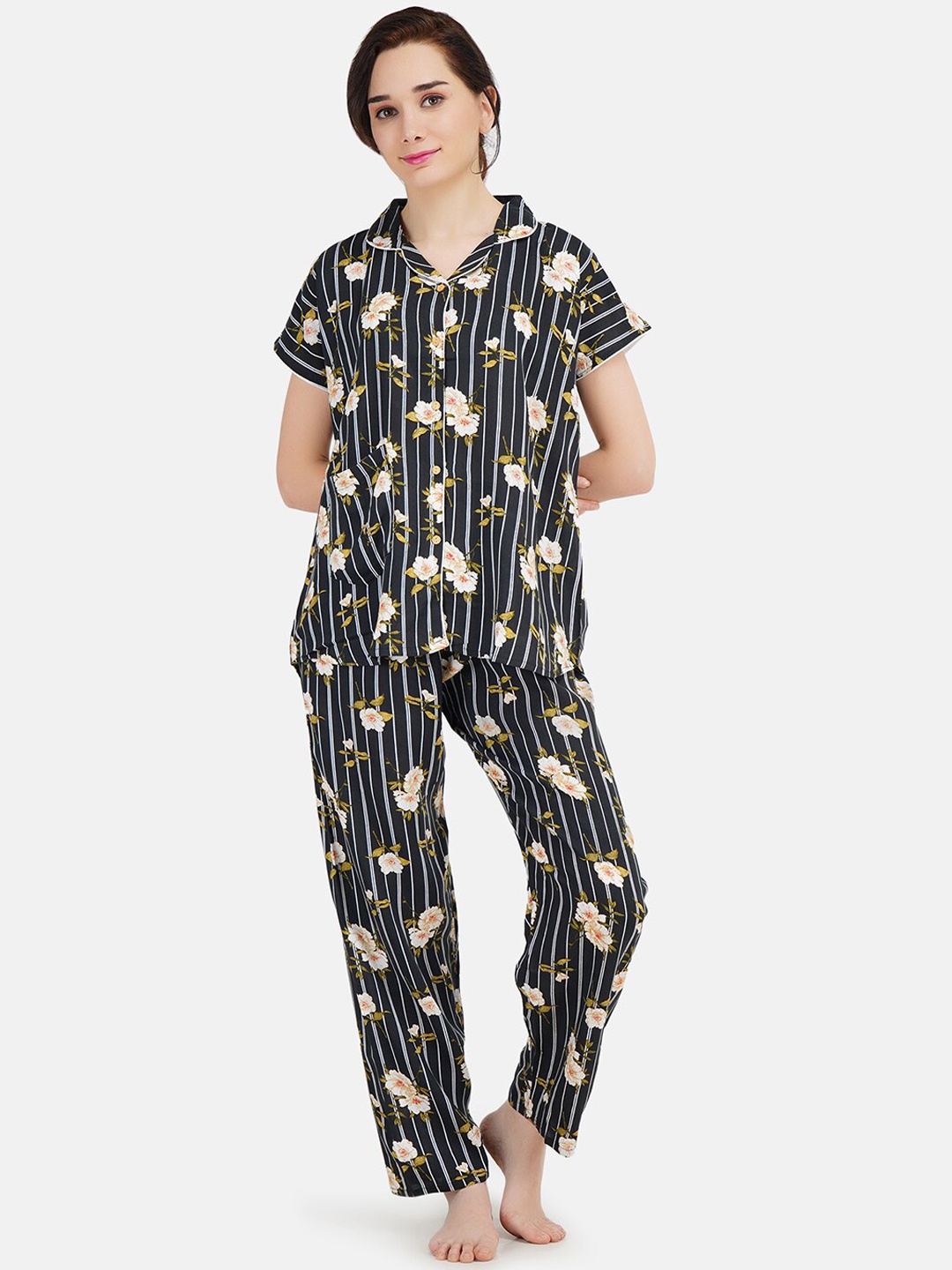 

KOI SLEEPWEAR Women Black & Cream Floral Printed Night suit