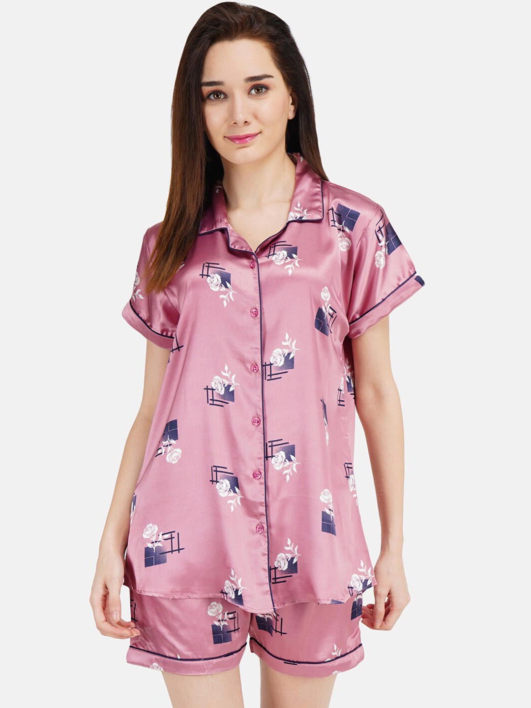 

KOI SLEEPWEAR Women Rose Pink Rose Pattern Printed Night suit