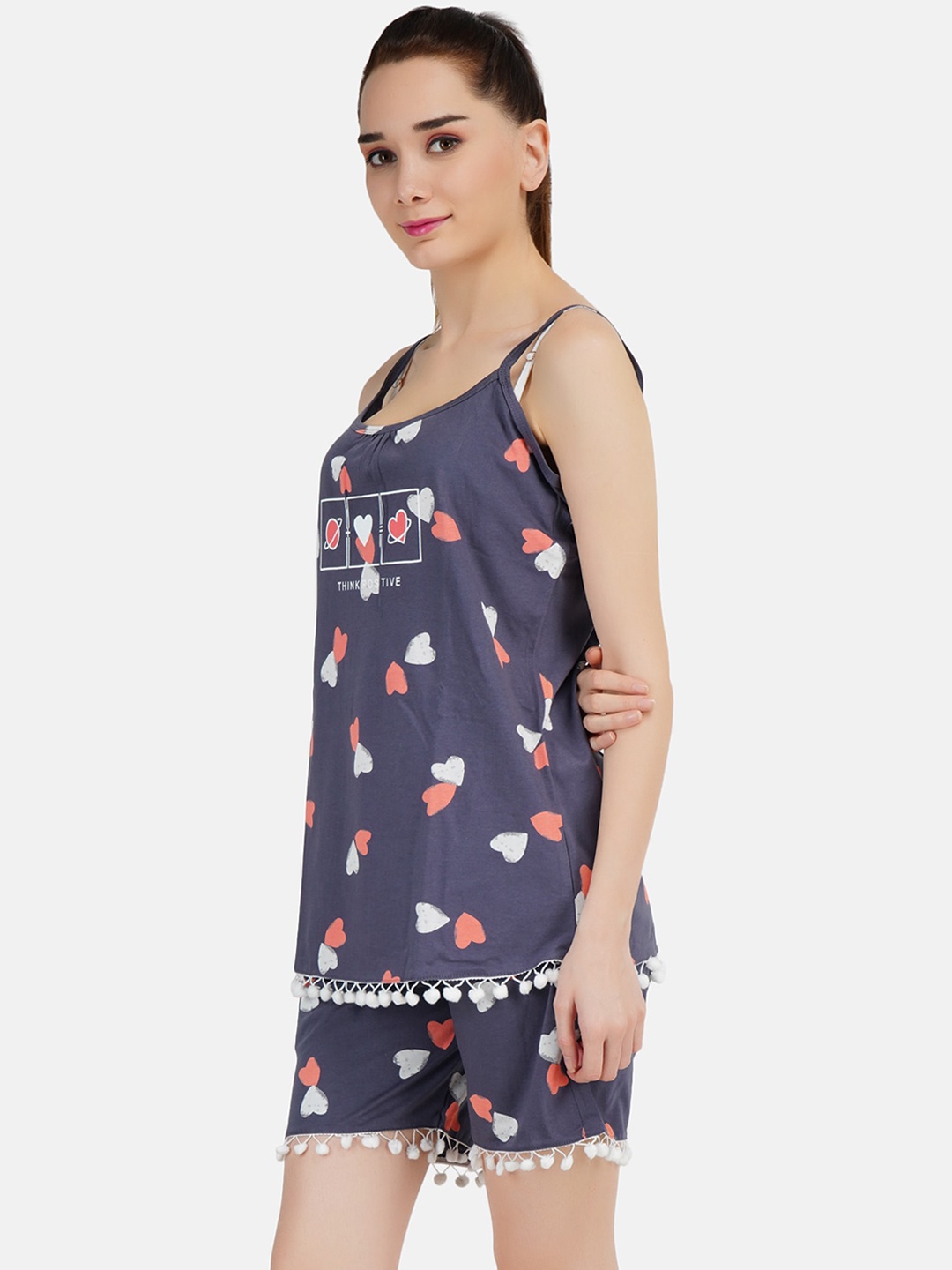 

KOI SLEEPWEAR Women Navy Blue Spaghetti Short Night suit with Ball Lace