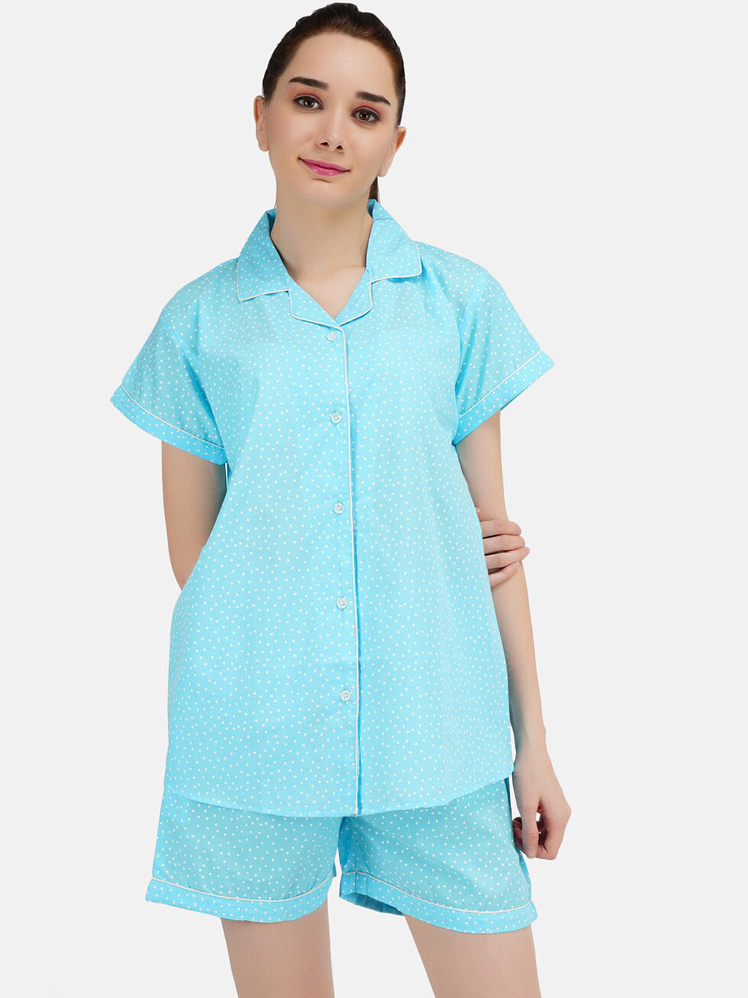 

KOI SLEEPWEAR Women Blue & White Printed Cotton Night suit