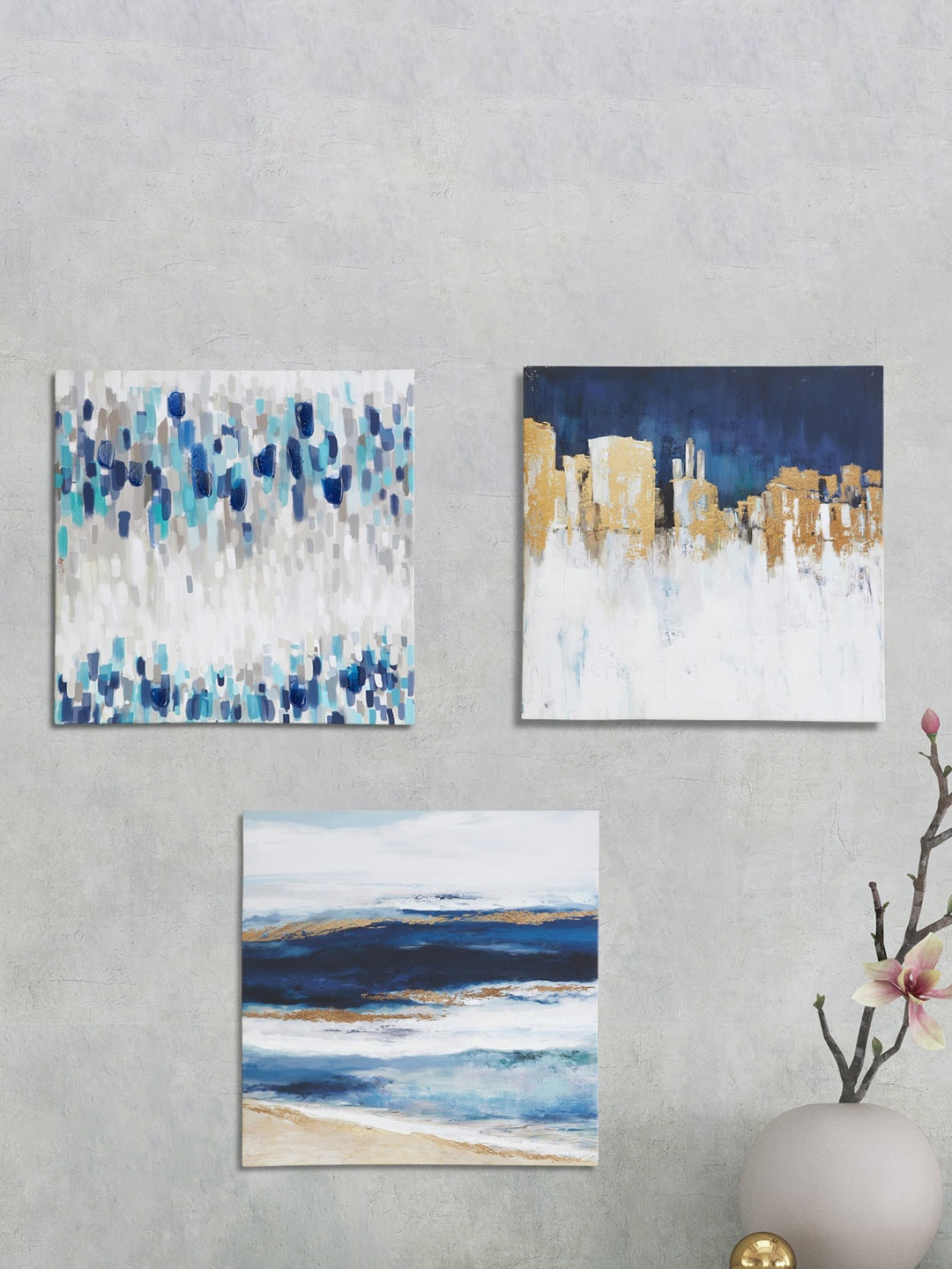 

Home Centre Set Of 3 White & Blue Abstract City Printed Picture Frames