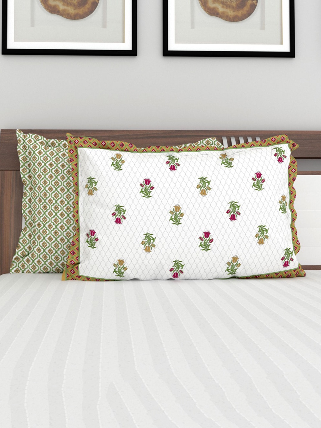 

Home Centre Set Of 2 Green & White Printed Pure Cotton Pillow Covers