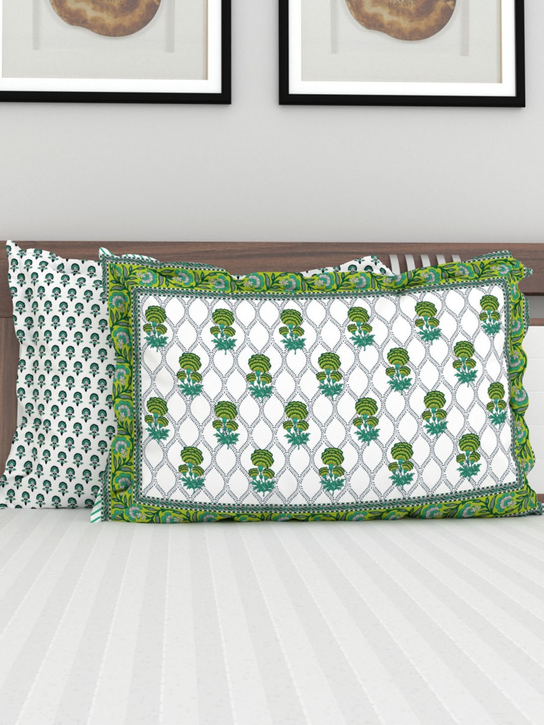 

Home Centre Set Of 2 White & Green Printed Cotton Pillow Covers