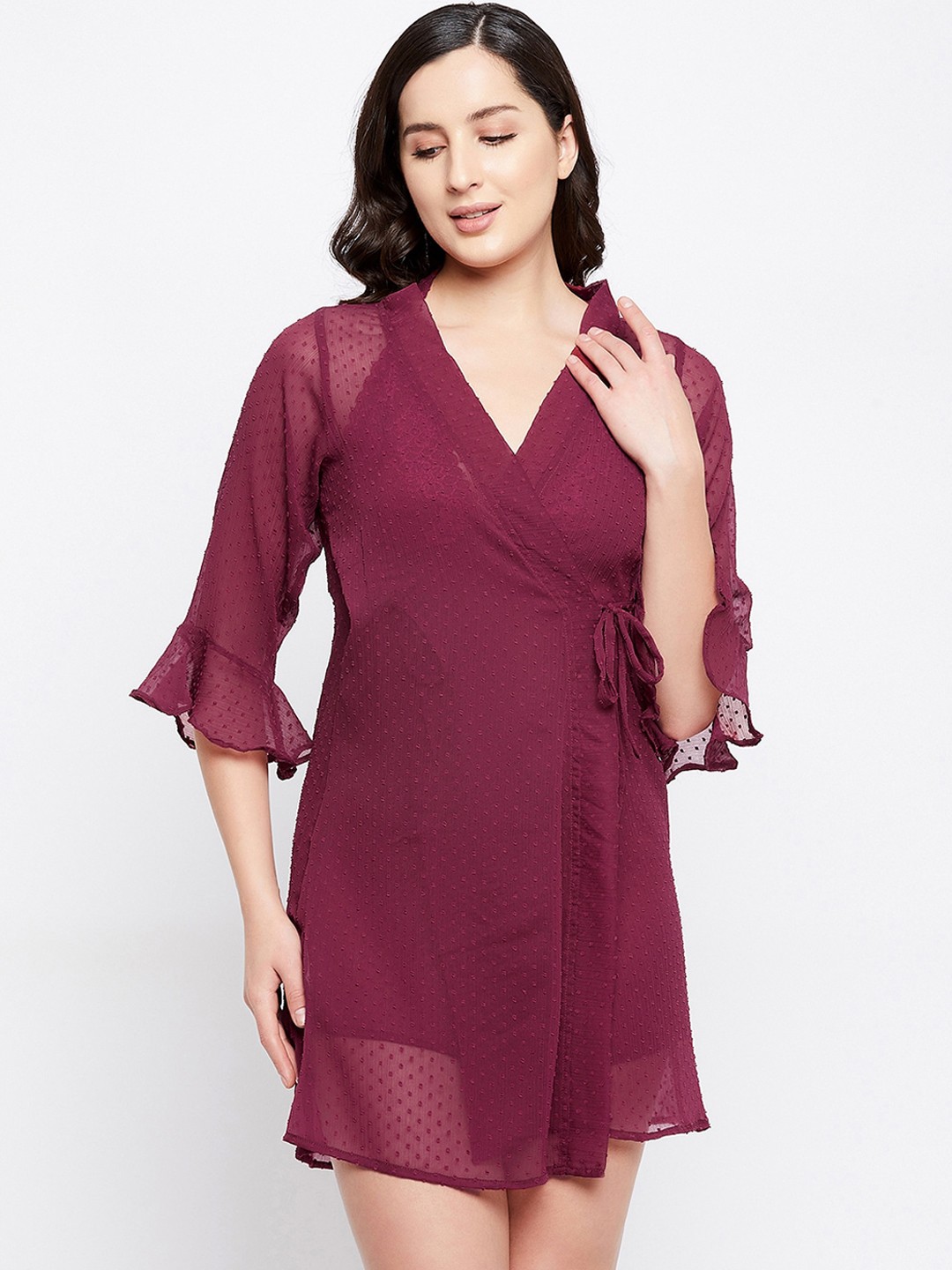 

Clovia Maroon Georgette Sheer Robe