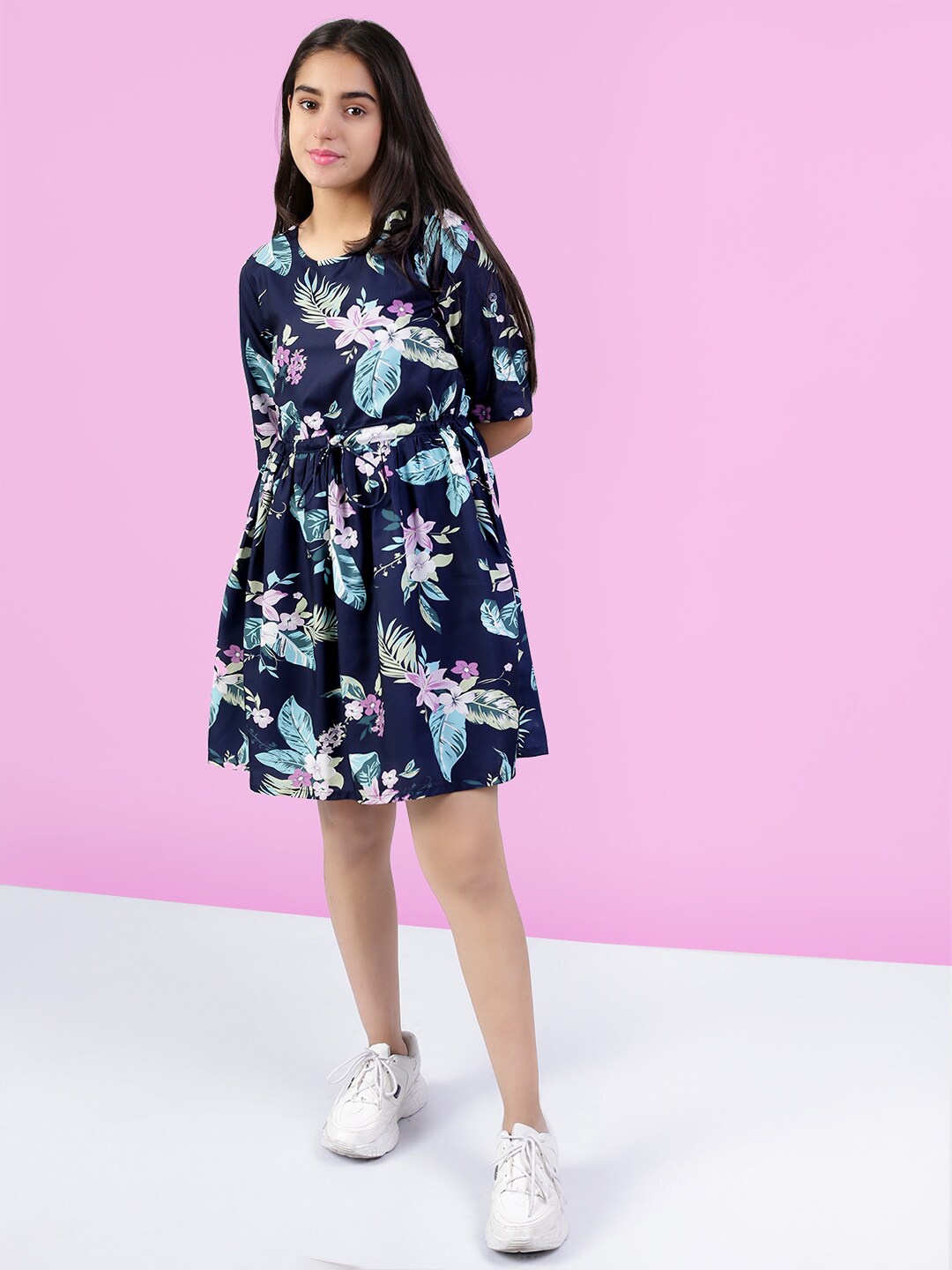 

Naughty Ninos Girls Navy Blue Floral Blouson Mini Dress