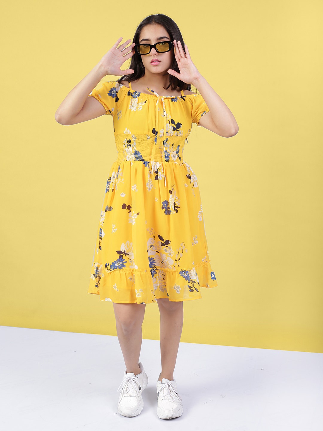 

Naughty Ninos Girls Yellow Floral Off-Shoulder Dress