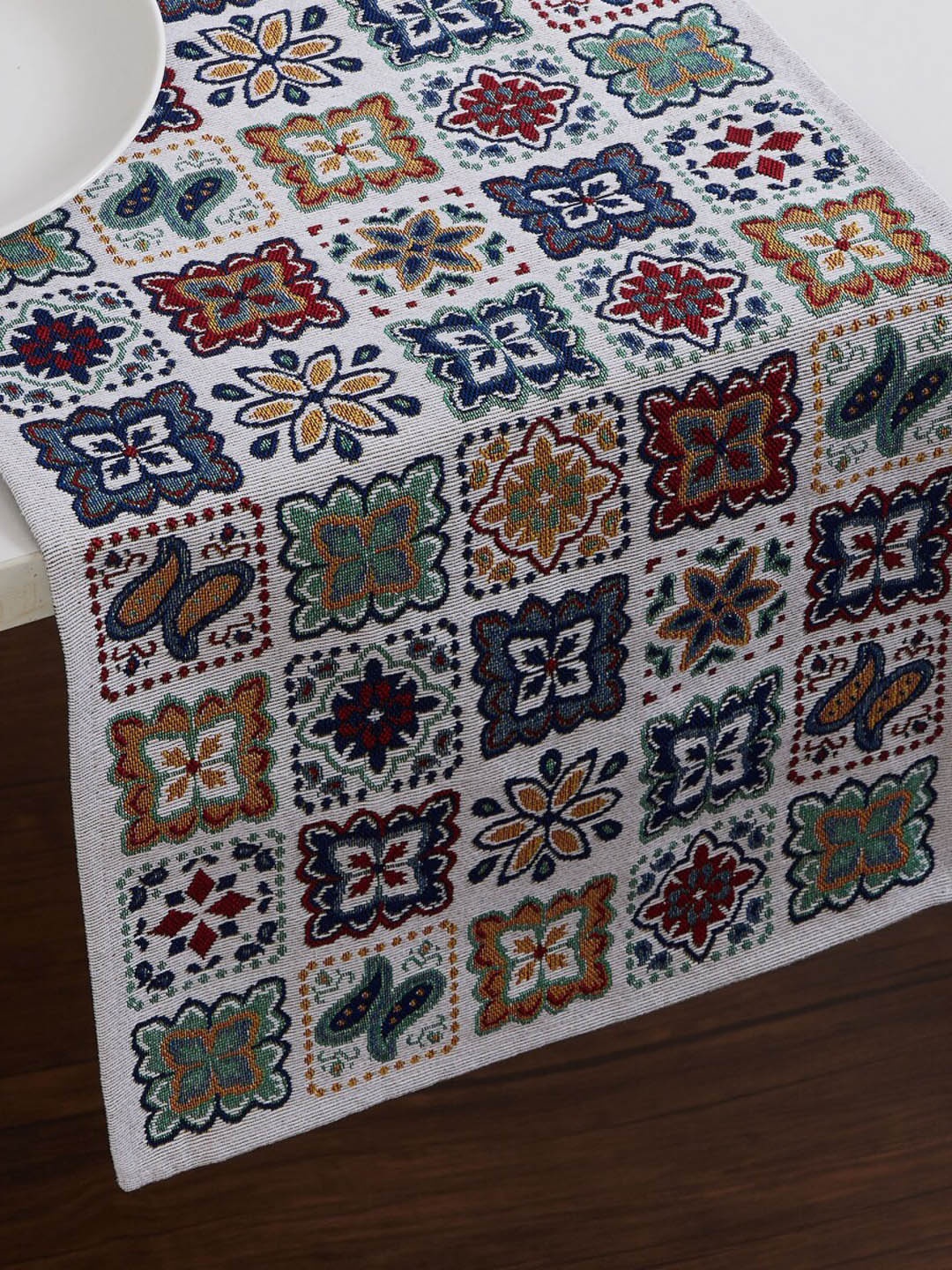 Home Centre White & Blue Printed Pure Cotton Table Runners