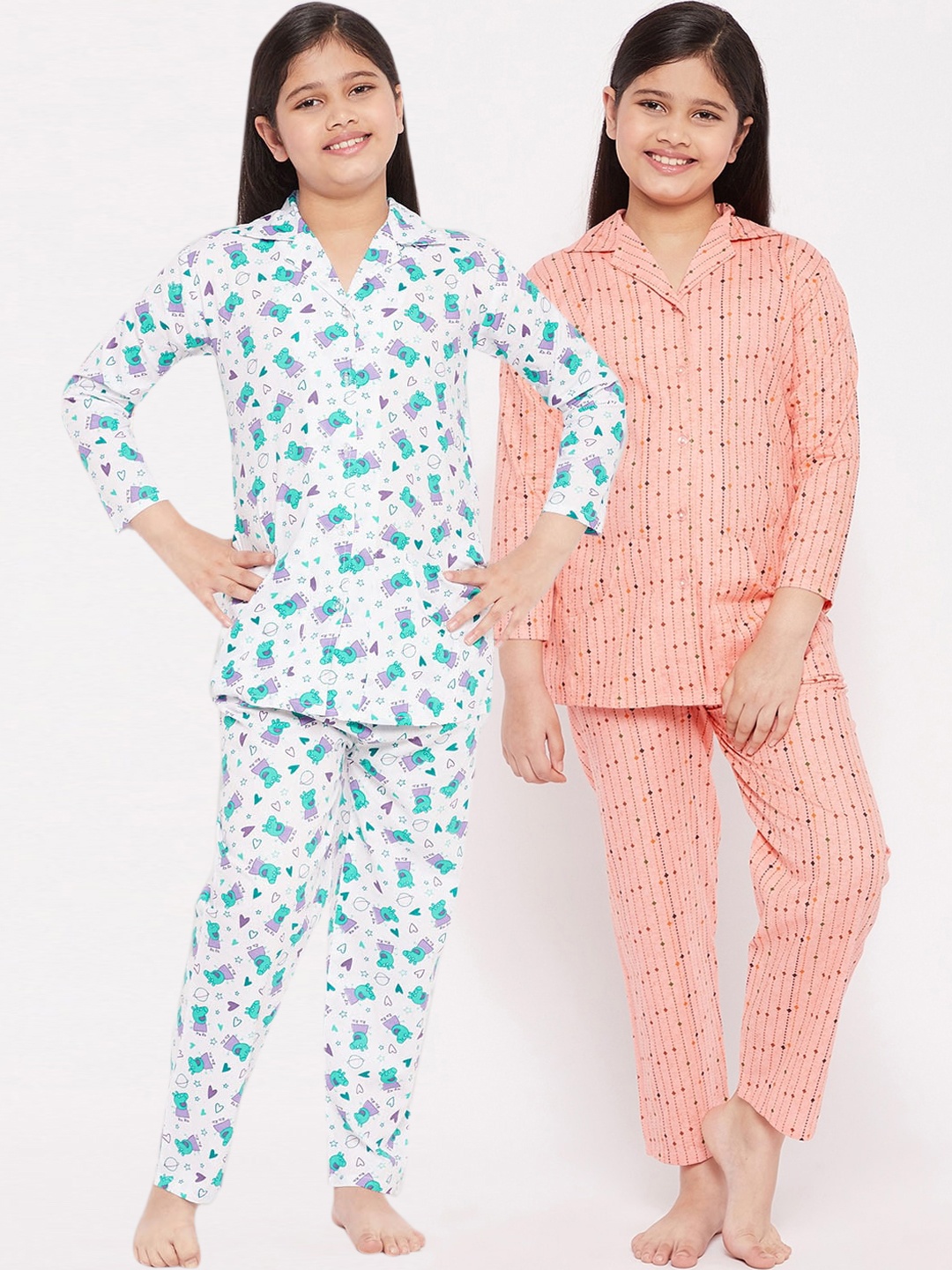 

KYDZI Girls Pack of 2 White & Peach-Coloured Printed Cotton Night suit