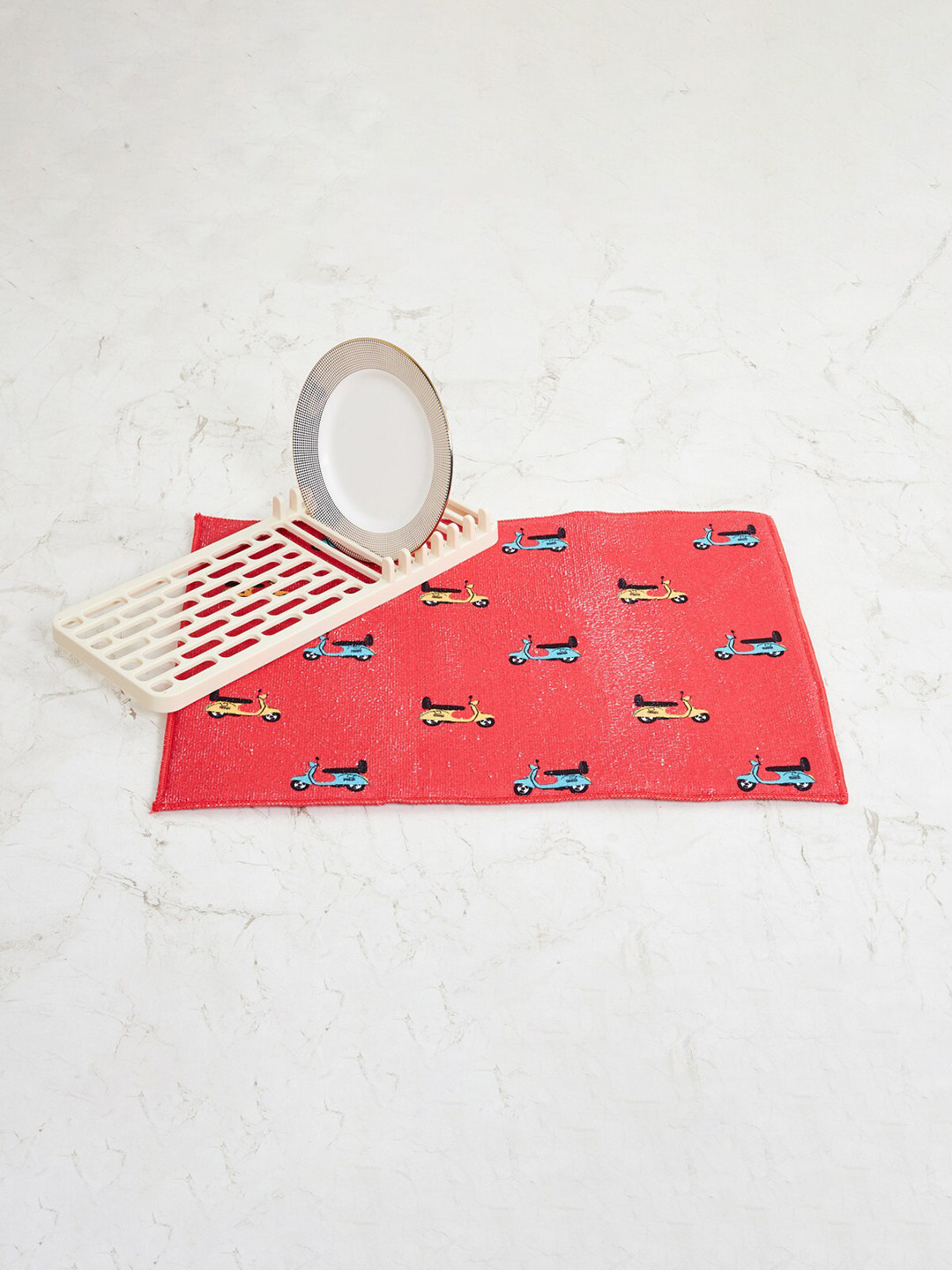 

Home Centre Raisa Retro Coral Red Printed Dish Drying Mat with Dish Rack