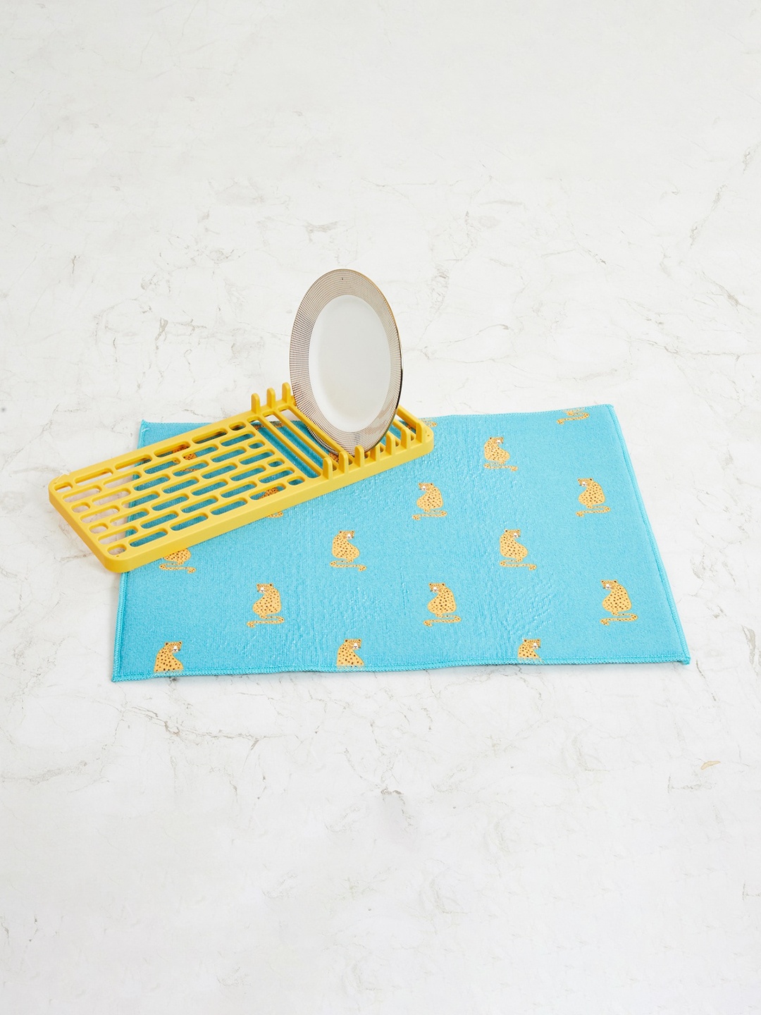 

Home Centre Blue Printed Dish Drying Mat with Dish Rack