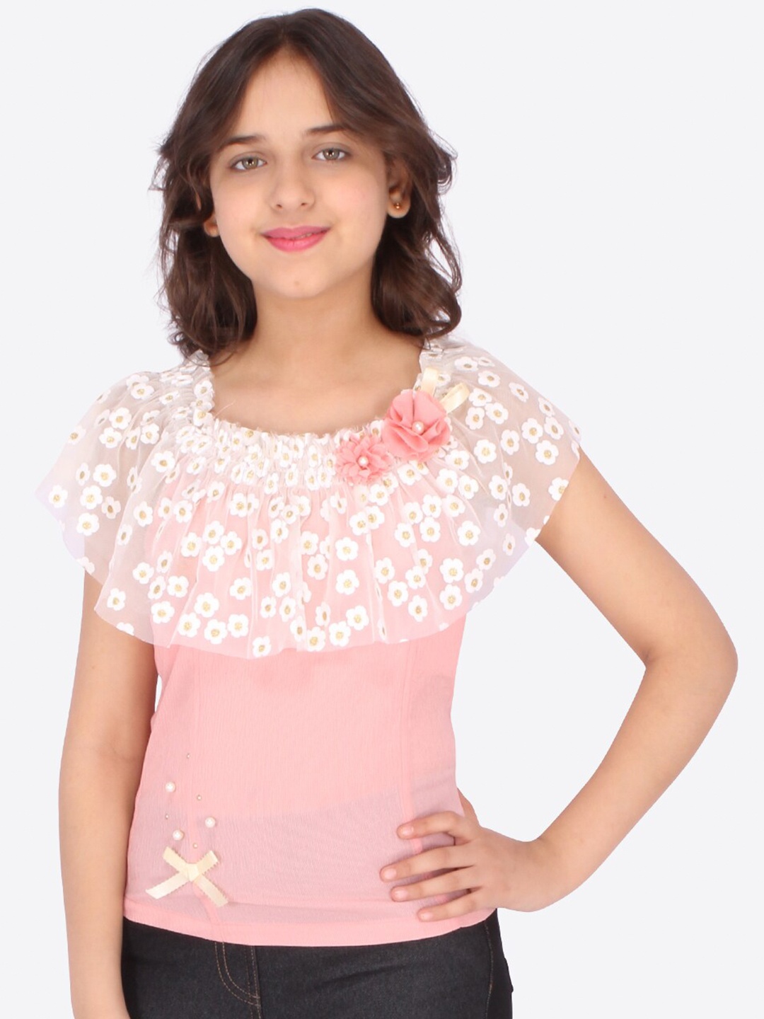 

CUTECUMBER Girls Peach-Coloured Floral Embellished Ruffles Georgette Top