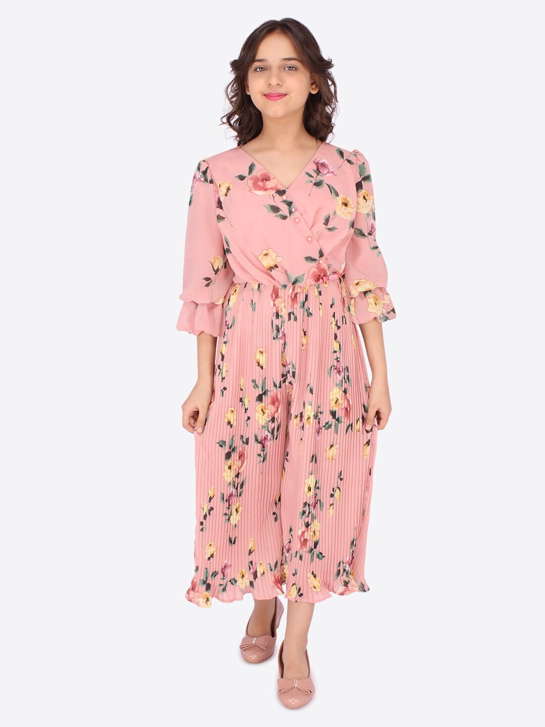 

CUTECUMBER Girls Pink & Yellow Printed Culotte Jumpsuit