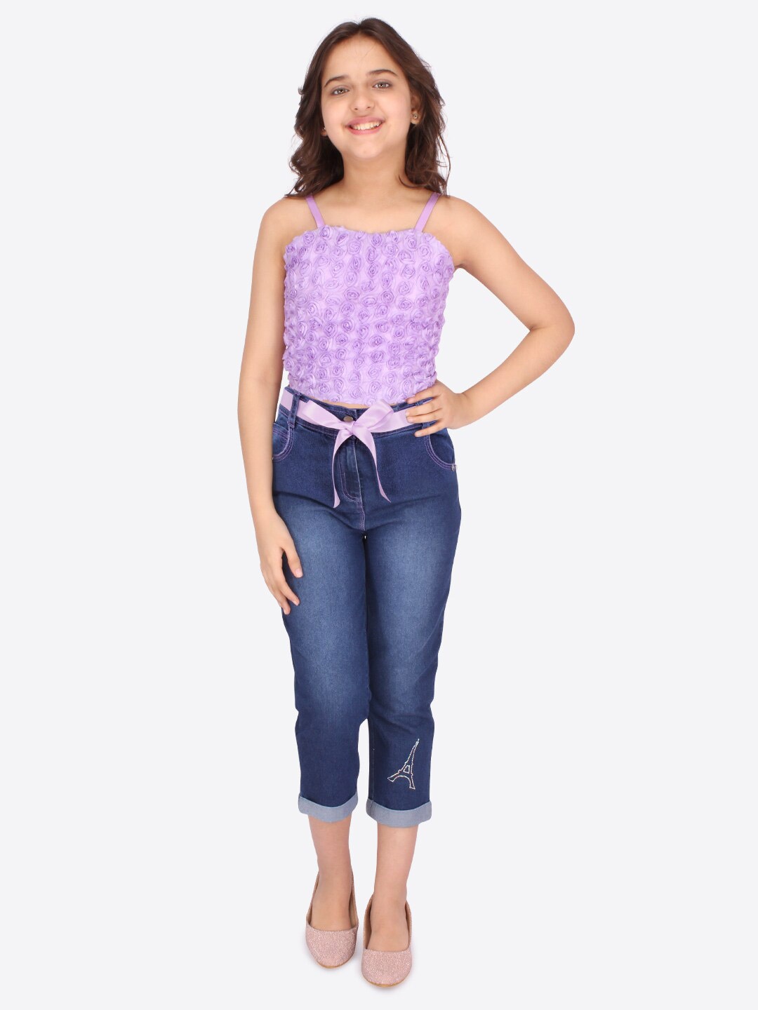 

CUTECUMBER Girls Purple & BlueSelf Design Top with Capris