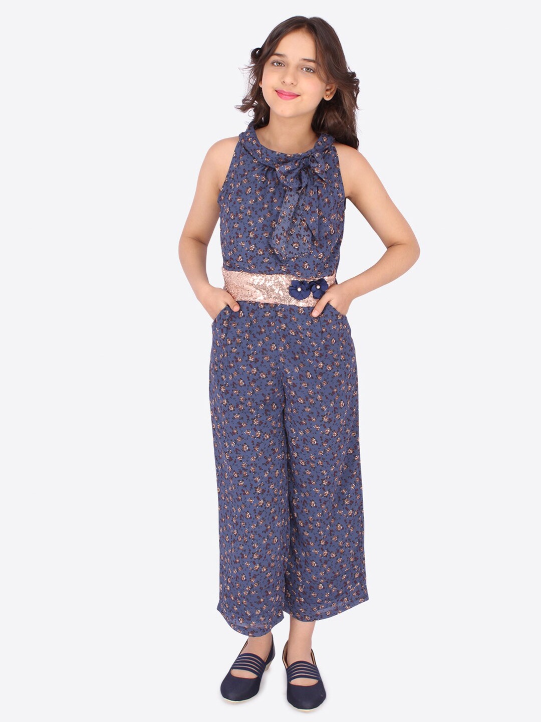 

CUTECUMBER Girls Blue & Brown Floral Printed Culotte Jumpsuit