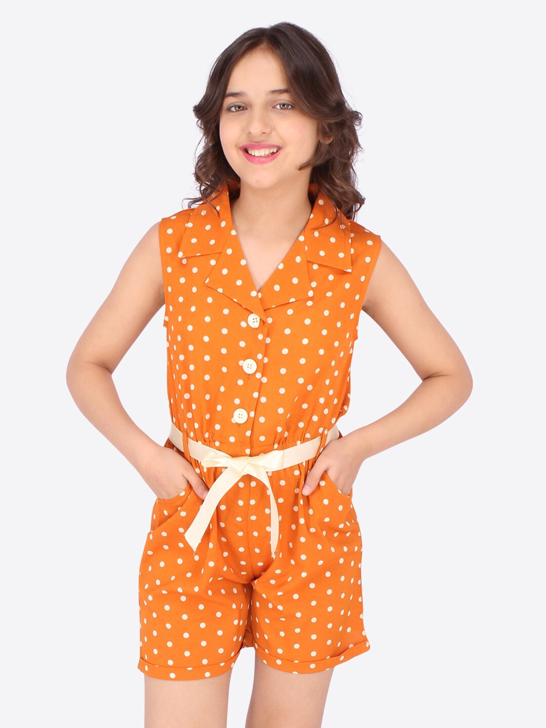

CUTECUMBER Girls Orange & White Polka Dots Printed Playsuit