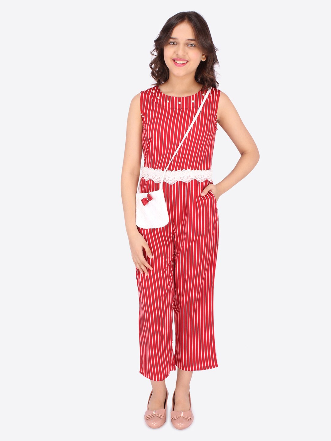 

CUTECUMBER Girls Maroon & White Striped Culotte Jumpsuit with Lace Inserts