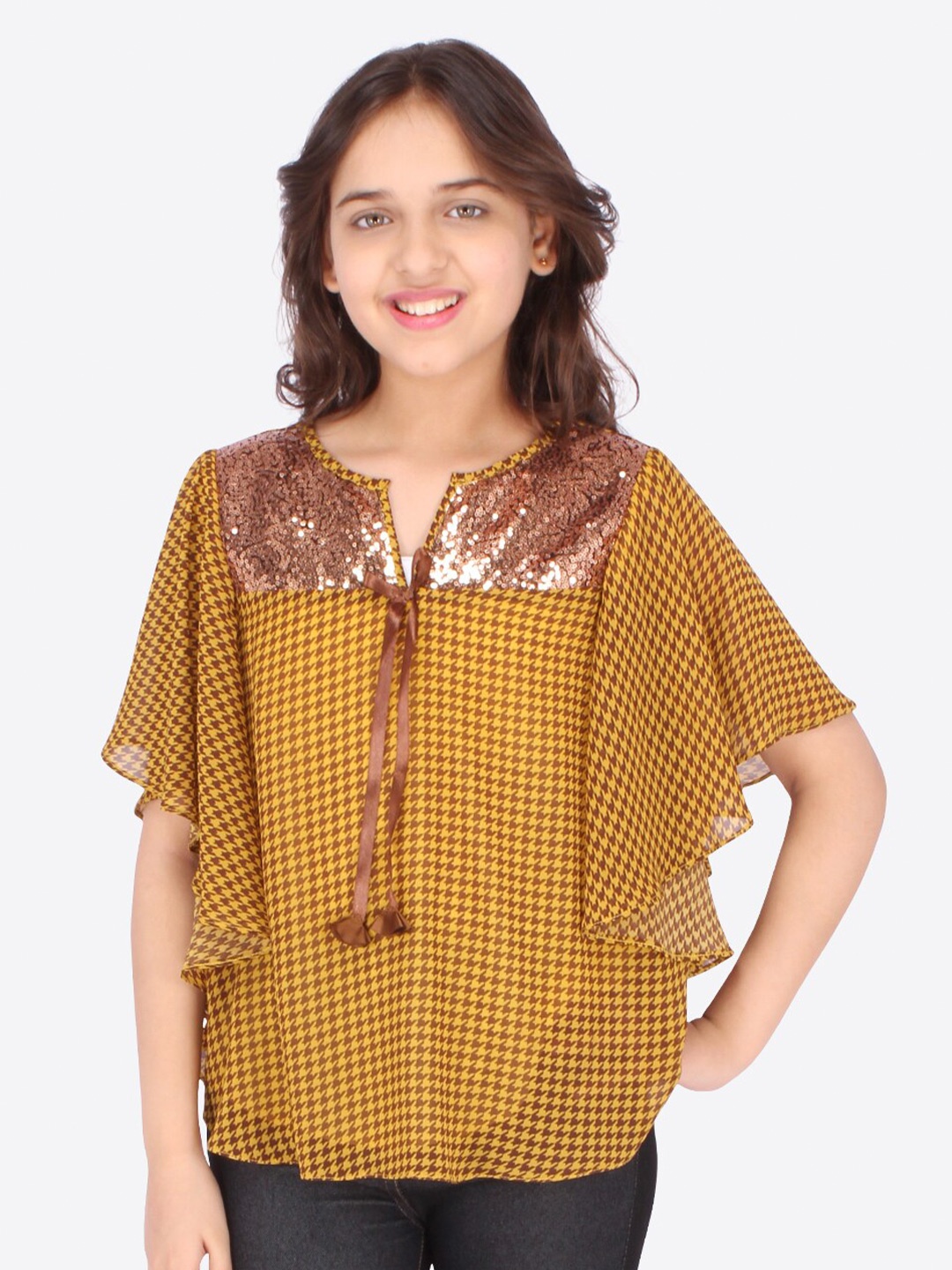 

CUTECUMBER Girls Mustard Yellow Print Mandarin Collar Georgette Kaftan Top
