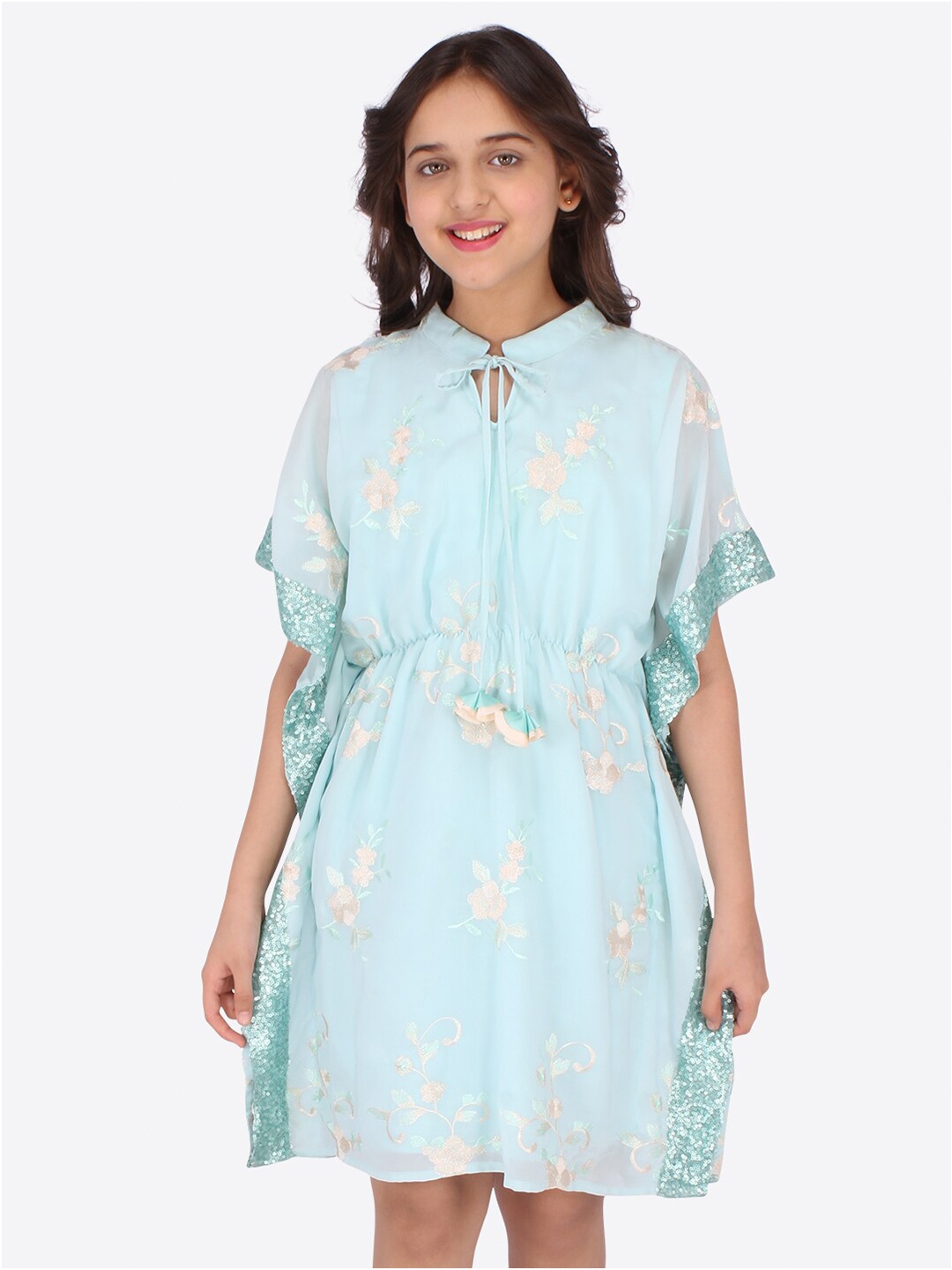 

CUTECUMBER Girls Turquoise Blue Floral Tie-Up Neck Georgette Kaftan Dress
