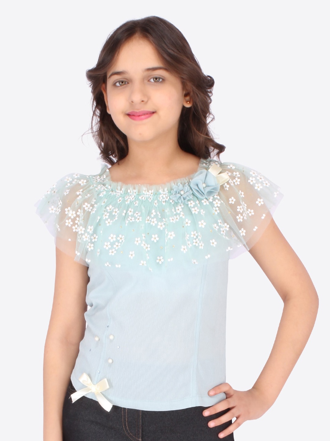 

CUTECUMBER Girls Green Embellished Ruffles Georgette Top