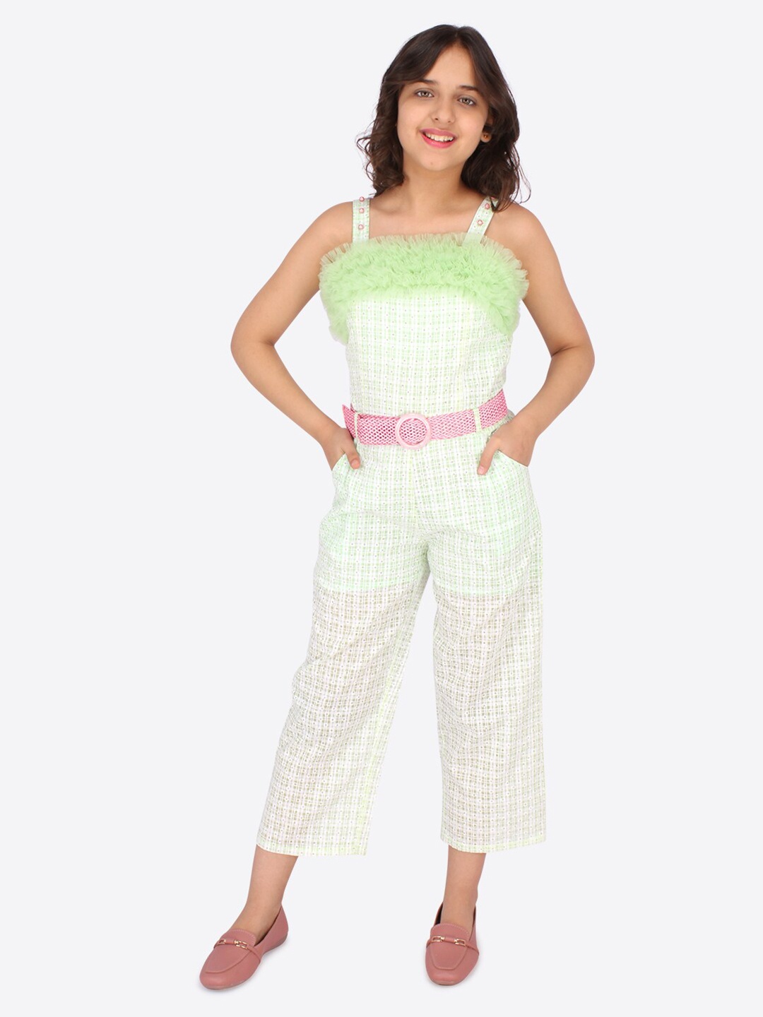 

CUTECUMBER Girls Green & White Checked Culotte Jumpsuit