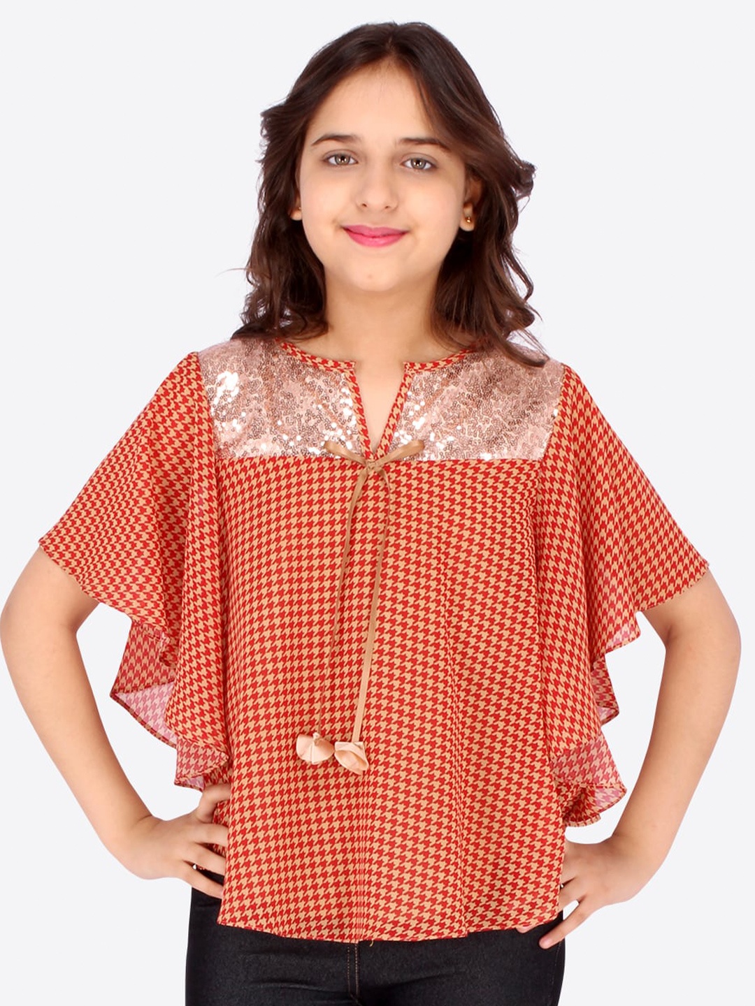 

CUTECUMBER Girls Red Print Mandarin Collar Georgette Kaftan Top